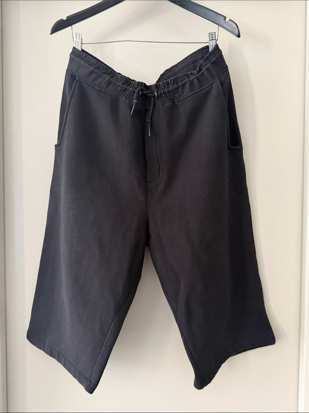 Black Drawstring Wide-Leg Midi Sweat Shorts